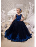 Navy Blue Beaded Lace Tulle Long Flower Girl Dress Pageant Dress Navy Blue Beaded Lace Tulle Long Flower Girl Dress Pageant Dress
